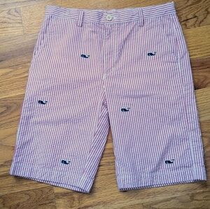 Vineyard Vine Red Striped Seersucker Shorts with Whale Embroidery